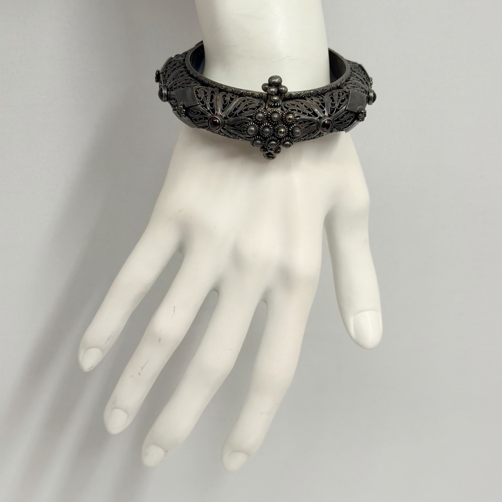 Old Vintage Sterling Filigree Middle Eastern Hinge Bracelet Signed $625 Cabochon
